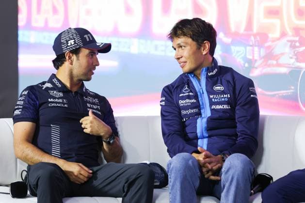 PEREZ Sergio (mex), Red Bull Racing RB19, ALBON Alexander (tha), Williams Racing FW45, portrait press conference, PK, Pressekonferenz during the 2023 Formula 1 Heineken Silver Las Vegas Grand Prix, 21th round of the 2023 Formula One World Championship, WM, Weltmeisterschaft from November 17 to 19, 2023 on the Las Vegas Strip Circuit, in Las Vegas, USA - F1 - LAS VEGAS GRAND PRIX 2023 DPPI Panoramic 00123046_AV6_4230