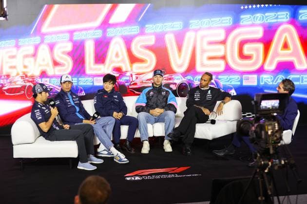 PEREZ Sergio (mex), Red Bull Racing RB19, ALBON Alexander (tha), Williams Racing FW45, TSUNODA Yuki (jap), Scuderia AlphaTauri AT04, GASLY Pierre (fra), Alpine F1 Team A523, HAMILTON Lewis (gbr), Mercedes AMG F1 Team W14, portrait press conference, PK, Pressekonferenz during the 2023 Formula 1 Heineken Silver Las Vegas Grand Prix, 21th round of the 2023 Formula One World Championship, WM, Weltmeisterschaft from November 17 to 19, 2023 on the Las Vegas Strip Circuit, in Las Vegas, USA - F1 - LAS VEGAS GRAND PRIX 2023 DPPI Panoramic 00123046_AV6_4531