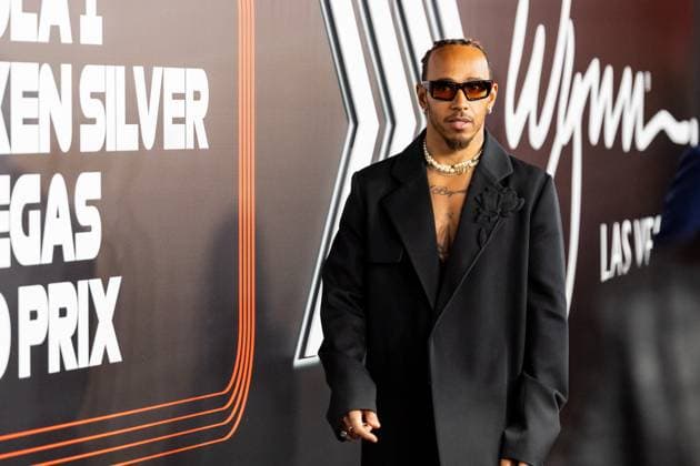 LAS VEGAS, NV - NOVEMBER 15: Mercedes driver Lewis Hamilton (44) of United Kingdom walks on the red carpet before the F1 Las Vegas Grand Prix on Wednesday, November 15 on the Las Vegas Street Circuit in Las Vegas, NV. (Photo by Bob Kupbens Icon Sportswire) AUTO: NOV 15 F1 Las Vegas Grand Prix EDITORIAL USE ONLY Icon231116049
