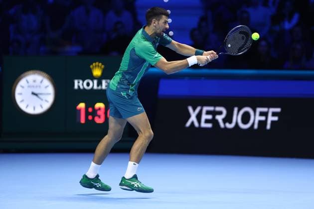 Novak Djokovic vs Hubert Hurkacz Novak Djokovic of Serbia gestures during the Round Robin singles match between Novak Djokovic of Serbia and Hubert Hurkacz of Poland on Day five of the Nitto ATP, Tennis Herren World Tour Finals. Torino Pala Alpitour Italy Copyright: xMarcoxCanonierox