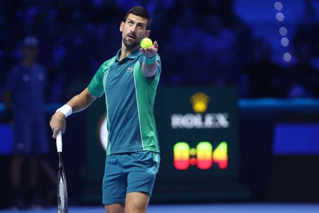 Novak Djokovic vs Hubert Hurkacz Novak Djokovic of Serbia in action during the Round Robin singles match between Novak Djokovic of Serbia and Hubert Hurkacz of Poland on Day five of the Nitto ATP, Tennis Herren World Tour Finals. Torino Pala Alpitour Italy Copyright: xMarcoxCanonierox