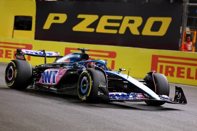16th November 2023; Las Vegas, Nevada, USA. F1 Grand Prix of USA, Las Vegas; Practice Sessions; Esteban Ocon of Alpine wears a dead pool theme helmet during the Free Practise 1 session which was cancelled after 9 minutes of running due to a loose drain cover  ActionPlus12576667 ShaunxBrooks