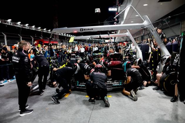 Mercedes AMG Petronas F1 Team during pit stop practice, F1 Grand Prix of Las Vegas at Las Vegas Strip Circuit on November 16, 2023 in Las Vegas, United States of America Photo by HOCH ZWEI Las Vegas United States of America
