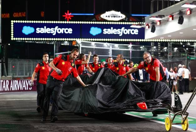 Damaged car of 55 Carlos Sainz ESP, Scuderia Ferrari , F1 Grand Prix of Las Vegas at Las Vegas Strip Circuit on November 16, 2023 in Las Vegas, United States of America Photo by HOCH ZWEI Las Vegas United States of America