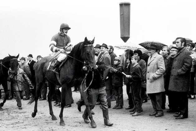 21.10.1972, Dresden, Bezirk Dresden, DDR - Byrd mit Gottfried Staude nach dem Sieg im Preis von Koenigsbrueck, 1. Abteilung. Galopprennbahn Dresden-Seidnitz. (Pferd, Jockey, Byrd, Staude, Sieg, historisch, schwarz-weiss) 721021A006DRESDEN.JPG *** 21 10 1972, Dresden, district Dresden, GDR Byrd with Gottfried Staude after winning the Prize of Koenigsbrueck, 1 section racecourse Dresden Seidnitz horse, jockey, Byrd, Staude, victory, historical, black and white 721021A006DRESDEN JPG
