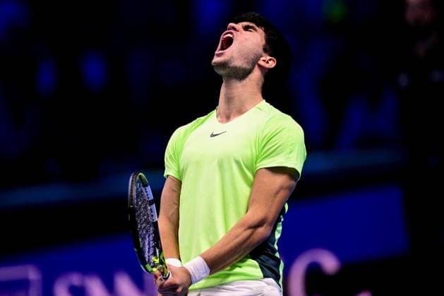 Foto Marco Alpozzi LaPresse 17 Novembre 2023 Torino - Italia - - Tennis Nitto ATP, Tennis Herren Finals - Carlos ALCARAZ (ESP) vs Daniil MEDVEDEV (RUS) Nella foto: Carlos Alcaraz (Spain) esulta per la vittoria November 17, 2023 Turin - Italy - Sport - Tennis Nitto ATP Finals - Carlos ALCARAZ (ESP) vs Daniil MEDVEDEV (RUS) In the pic: Carlos Alcaraz (Spain) celebrate  Copyright: xMarcoxAlpozzi LaPressex