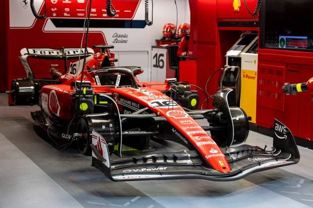 LAS VEGAS, NV - NOVEMBER 16: The car of Ferrari driver Charles Leclerc (16) of Monaco sits in the garage before practice at the F1 Las Vegas Grand Prix on Thursday, November 16 on the Las Vegas Street Circuit in Las Vegas, NV. (Photo by Bob Kupbens Icon Sportswire) AUTO: NOV 16 F1 Las Vegas Grand Prix EDITORIAL USE ONLY Icon231117050