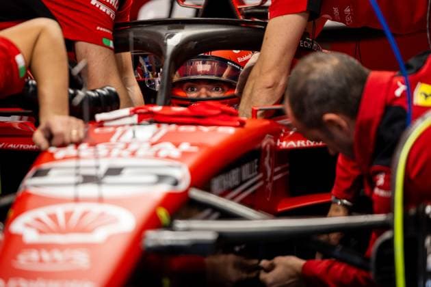 LAS VEGAS, NV - NOVEMBER 16: Ferrari driver Carlos Sainz (55) of Spain is secured in his vehicle before P2 practice at the F1 Las Vegas Grand Prix on Thursday, November 16 on the Las Vegas Street Circuit in Las Vegas, NV. (Photo by Bob Kupbens Icon Sportswire) AUTO: NOV 16 F1 Las Vegas Grand Prix EDITORIAL USE ONLY Icon231117063