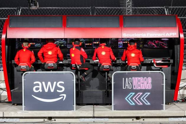 LAS VEGAS, NV - NOVEMBER 16: Ferrari race engineers focus on P2 practice at the F1 Las Vegas Grand Prix on Thursday, November 16 on the Las Vegas Street Circuit in Las Vegas, NV. (Photo by Bob Kupbens Icon Sportswire) AUTO: NOV 16 F1 Las Vegas Grand Prix EDITORIAL USE ONLY Icon231117068