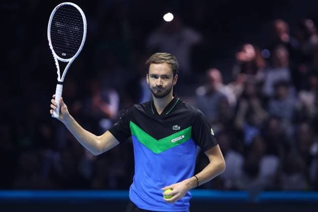 Carlos Alcaraz vs Daniil Medvedev Daniil Medvedev of Russia gestures during the Round Robin singles match between Carlos Alcaraz of Spain and Daniil Medvedev of Russia on Day six of the Nitto ATP, Tennis Herren World Tour Finals. Torino Pala Alpitour Italy Copyright: xMarcoxCanonierox
