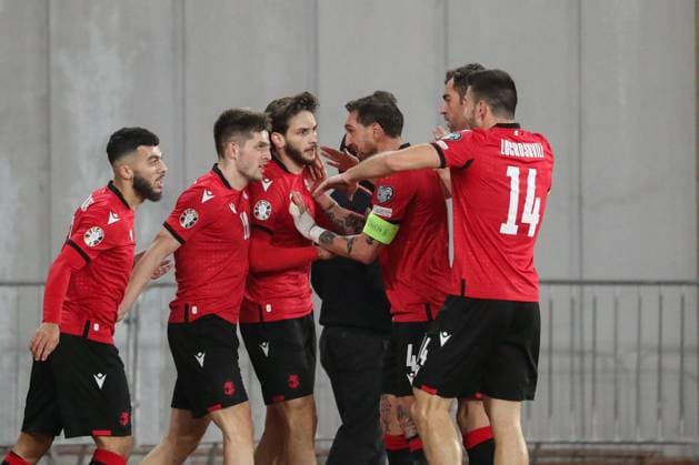 Khvicha Kvaratskhelia of Georgia celebrates with teammates after scoring his goal during the UEFA European Championship, EM, Europameisterschaft Qualifying match between Georgia and Scotland at the The Boris Paitchadze Dinamo Arena on November 16, 2023 in Tbilisi, Georgia. Tbilisi Boris Paitchadze Dinamo Arena, Akaki Tsereteli Avenue, Didube District, Tbilisi, 0112, Georgia Georgia Copyright: xArturxStabulnieksx 338569