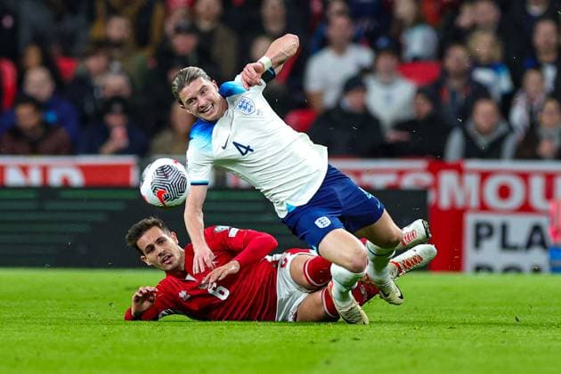 England v Malta Euro 2024 17 11 2023. Qualifier Conor Gallagher (4) of England brought down by Matthew Guillaumier (6) of Malta during the Euro 2024 qualifier match between England and Malta at Wembley Stadium, London, England on 17 November 2023. Editorial use only , Copyright: xNigelxKeenex PSI-18410-0023