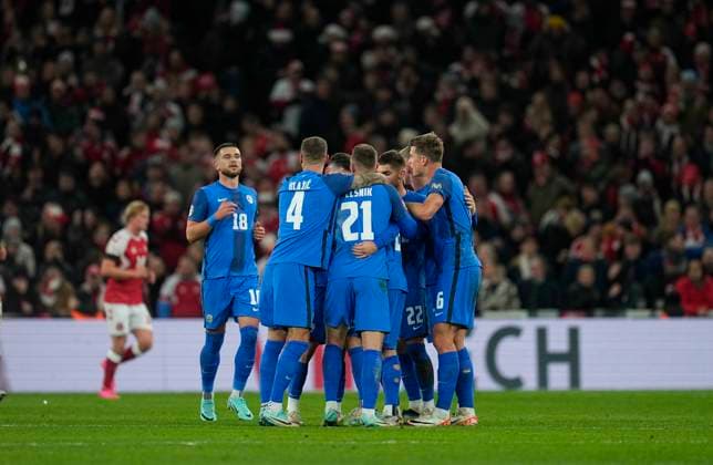 November 17 2023: Erik JanAÂ¾a (Slovenia) celebrates the teams first goal during a Group H EURO 2024 Qualification game, Denmark versus Slovenia, at Parken, Copenhagen, Denmark. CSM Copenhagen Denmark - ZUMAc04_ 20231117_zma_c04_026 Copyright: xUlrikxPedersenx