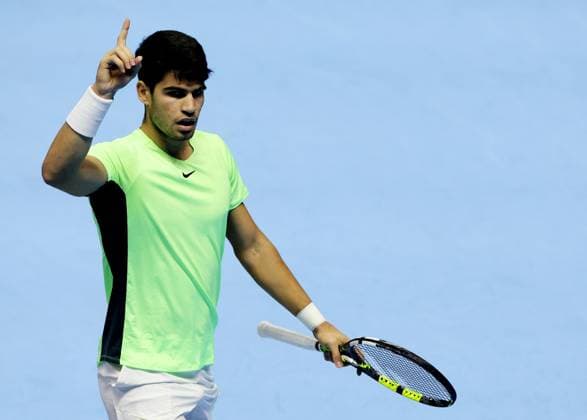 (231118) -- TURIN, Nov. 18, 2023 -- Carlos Alcaraz celebrates scoring during the group stage match between Carlos Alcaraz of Spain and Daniil Medvedev of Russia at ATP, Tennis Herren Finals tennis tournament in Turin, Italy, Nov. 17, 2023. (Photo by Xinhua) (SP)ITALY-TURIN-TENNIS-ATP FINALS AugustoxCasasoli 