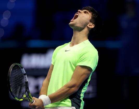 Sport Bilder des Tages (231118) -- TURIN, Nov. 18, 2023 -- Carlos Alcaraz celebrates after winning the group stage match between Carlos Alcaraz of Spain and Daniil Medvedev of Russia at ATP, Tennis Herren Finals tennis tournament in Turin, Italy, Nov. 17, 2023. (Photo by Xinhua) (SP)ITALY-TURIN-TENNIS-ATP FINALS AugustoxCasasoli 
