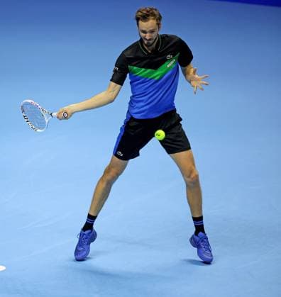 (231118) -- TURIN, Nov. 18, 2023 -- Daniil Medvedev hits a return during the group stage match between Carlos Alcaraz of Spain and Daniil Medvedev of Russia at ATP, Tennis Herren Finals tennis tournament in Turin, Italy, Nov. 17, 2023. (Photo by Xinhua) (SP)ITALY-TURIN-TENNIS-ATP FINALS AugustoxCasasoli 