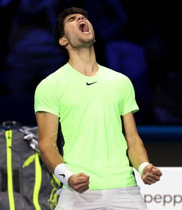 (231118) -- TURIN, Nov. 18, 2023 -- Carlos Alcaraz celebrates after winning the group stage match between Carlos Alcaraz of Spain and Daniil Medvedev of Russia at ATP, Tennis Herren Finals tennis tournament in Turin, Italy, Nov. 17, 2023. (Photo by Xinhua) (SP)ITALY-TURIN-TENNIS-ATP FINALS AugustoxCasasoli 