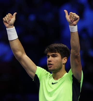 (231118) -- TURIN, Nov. 18, 2023 -- Carlos Alcaraz celebrates after winning the group stage match between Carlos Alcaraz of Spain and Daniil Medvedev of Russia at ATP, Tennis Herren Finals tennis tournament in Turin, Italy, Nov. 17, 2023. (Photo by Xinhua) (SP)ITALY-TURIN-TENNIS-ATP FINALS AugustoxCasasoli 