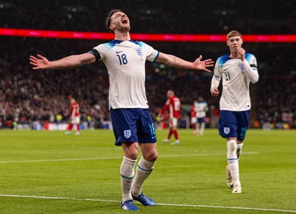 (231118) -- LONDON, Nov. 18, 2023 -- Declan Rice (L) of England celebrates his goal but later disallowed after a VAR review during the UEFA EURO, EM, Europameisterschaft,Fussball 2024 Group C qualification match between England and Malta in London, Britain on Nov. 17, 2023. FOR EDITORIAL USE ONLY. NOT FOR SALE FOR MARKETING OR ADVERTISING CAMPAIGNS. NO USE WITH UNAUTHORIZED AUDIO, VIDEO, DATA, FIXTURE LISTS, CLUB LEAGUE LOGOS OR LIVE SERVICES. ONLINE IN-MATCH USE LIMITED TO 45 IMAGES, NO VIDEO EMULATION. NO USE IN BETTING, GAMES OR SINGLE CLUB LEAGUE PLAYER PUBLICATIONS. (SP)BRITAIN-LONDON-FOOTBALL-UEFA EURO 2024-QUALIFIERS (Xinhua)
