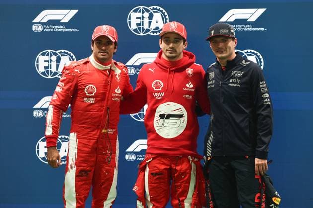 F1 Las Vegas Grand Prix 2023 Qualifying Carlos Sainz, Charles Leclerc of Ferrari and Max Verstappen of Red Bull Racing after qualifying ahead of the Formula 1 Las Vegas Grand Prix at Las Vegas Strip Circuit in Las Vegas, United States on November 18, 2023. Las Vegas United States  Copyright: xJakubxPorzyckix originalFilename:porzycki-f1lasveg231118_np2HP.jpg