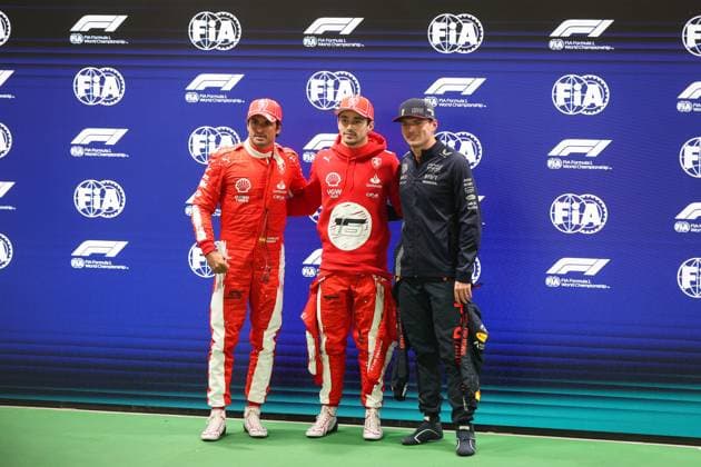 pole position LECLERC Charles (mco), Scuderia Ferrari SF-23, SAINZ Carlos (spa), Scuderia Ferrari SF-23, VERSTAPPEN Max (ned), Red Bull Racing RB19, portrait during the 2023 Formula 1 Heineken Silver Las Vegas Grand Prix, 21th round of the 2023 Formula One World Championship, WM, Weltmeisterschaft from November 17 to 19, 2023 on the Las Vegas Strip Circuit, in Las Vegas, USA - F1 - LAS VEGAS GRAND PRIX 2023 DPPI Panoramic  00123046_AV6_7123