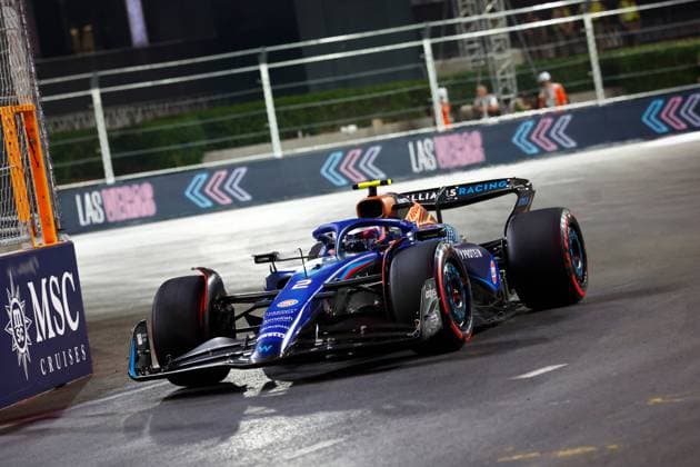 LAS VEGAS, NV - NOVEMBER 17: Williams driver Logan Sargeant (2) of the United States drives off the strip during free practice 3 for the Formula 1 Heineken Silver Las Vegas Gran Prix on November 17, 2023 on the Las Vegas Street Circuit in Las Vegas, Nevada. (Photo by Jeff Speer Icon Sportswire) AUTO: NOV 17 F1 Las Vegas Grand Prix EDITORIAL USE ONLY Icon2311170651