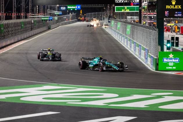 LAS VEGAS, NV - NOVEMBER 17: Aston Martin Racing driver Fernando Alonso (14) of Spain and Mercedes driver Lewis Hamilton (44) of United Kingdom drive during qualifying at the F1 Las Vegas Grand Prix on Thursday, November 17, 2023 on the Las Vegas Street Circuit in Las Vegas, NV. (Photo by Bob Kupbens Icon Sportswire) AUTO: NOV 17 F1 Las Vegas Grand Prix EDITORIAL USE ONLY Icon231118170