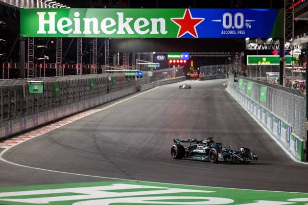 LAS VEGAS, NV - NOVEMBER 17: Mercedes driver George Russell (63) of United Kingdom drives during qualifying at the F1 Las Vegas Grand Prix on Thursday, November 17, 2023 on the Las Vegas Street Circuit in Las Vegas, NV. (Photo by Bob Kupbens Icon Sportswire) AUTO: NOV 17 F1 Las Vegas Grand Prix EDITORIAL USE ONLY Icon231118175