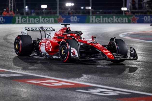 LAS VEGAS, NV - NOVEMBER 17: Ferrari driver Charles Leclerc (16) of Monaco drives during qualifying at the F1 Las Vegas Grand Prix on Thursday, November 17, 2023 on the Las Vegas Street Circuit in Las Vegas, NV. (Photo by Bob Kupbens Icon Sportswire) AUTO: NOV 17 F1 Las Vegas Grand Prix EDITORIAL USE ONLY Icon231118185