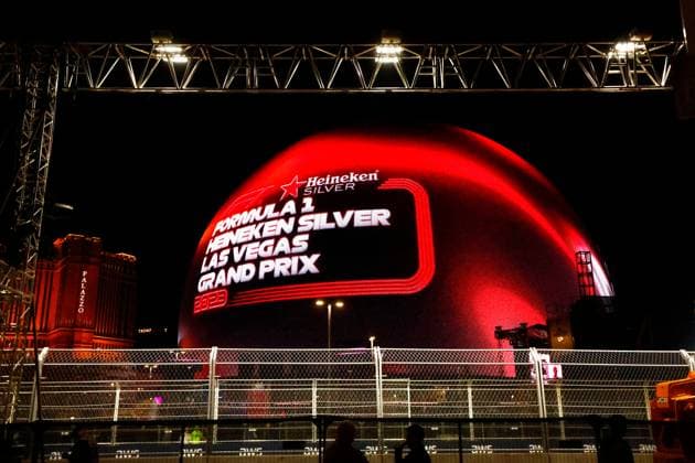 LAS VEGAS, NV - NOVEMBER 18: General view of the Sphere displaying the official race logo during qualifying for the Formula 1 Heineken Silver Las Vegas Gran Prix on November 18, 2023 on the Las Vegas Street Circuit in Las Vegas, Nevada. (Photo by Jeff Speer Icon Sportswire) AUTO: NOV 17 F1 Las Vegas Grand Prix EDITORIAL USE ONLY Icon2311180011