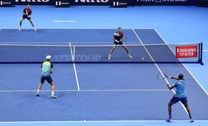 November 18, 2023, Turin: Marcel Granollers of Spain and Horacio Zeballos of Argentina during the match against Rohan Bopanna of India and Matthew Ebden of Australia at the Nitto ATP, Tennis Herren Finals tennis tournament in Turin, Italy, 18 November 2023. ANSA ALESSANDRO DI MARCO Nitto ATP Finals  - ZUMAa110 20231118_zaf_a110_011 Copyright: xAlessandroxDixMarcox