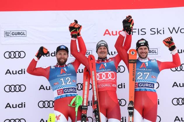 Bilder des Jahres 2023, Sport 11 November Sport Themen der Woche KW46 Sport Bilder des Tages ALPINE SKIING - FIS WC Gurgl GURGL,AUSTRIA,18.NOV.23 - ALPINE SKIING - FIS World Cup, slalom, men. Image shows the rejoicing of Marco Schwarz, Manuel Feller and Michael Matt (AUT).  GEPAxpictures xHaraldxSteiner