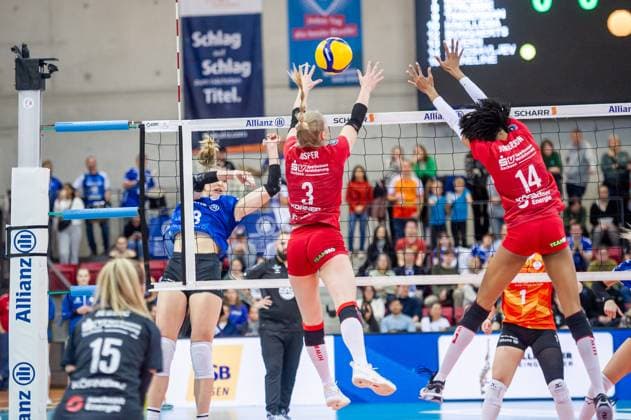 Monique Strubbe Allianz MTV Stuttgart, 08 against Dresdner Block from Hester Jasper Dresdner SC, 03 , left and Tia Jimerson Dresdner SC, 14 , right Allianz MTV Stuttgart Dresdner SC, Sport, Volleyball Bundesliga, Frauen, VBL, Saison 2023 24, 18 11 2023, Stuttgart SCHARRena , DEU Allianz MTV Stuttgart Dresdner SC, Sport, Volleyball Bundesliga, Frauen, VBL, Saison 2023 24, 18 11 2023, Stuttgart SCHARRena , DEU Stuttgart Copyright: xSandyxDinkelackerx EP_SDR