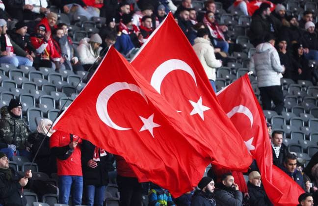 Germany Turkey 18 11 2023 Berlin, 18 11 2023, Football, Olympic Stadium, International Match , Germany GER vs Turkey TUR , In the picture fans of Turkey audience in the stadium , For editorial use only , According to the guidelines of the DFB German Football Association, it is prohibited to use or have used photographs taken in the stadium and or from the game in the form of sequential images and or video-like photo series,
