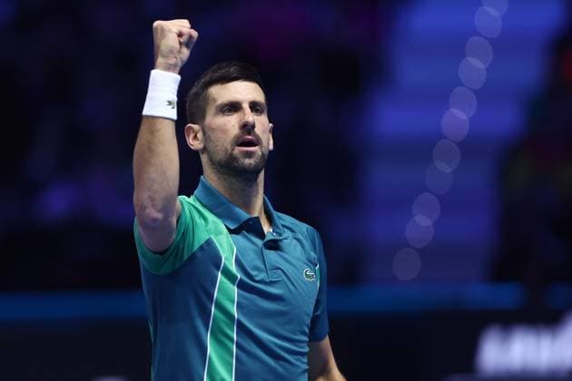 Novak Djokovic vs Carlos Alcaraz Novak Djokovic of Serbia celebrates during the semi-final singles match between Novak Djokovic of Serbia and Carlos Alcaraz of Spain on Day seven of the Nitto ATP, Tennis Herren World Tour Finals. Torino Pala Alpitour Italy Copyright: xMarcoxCanonierox