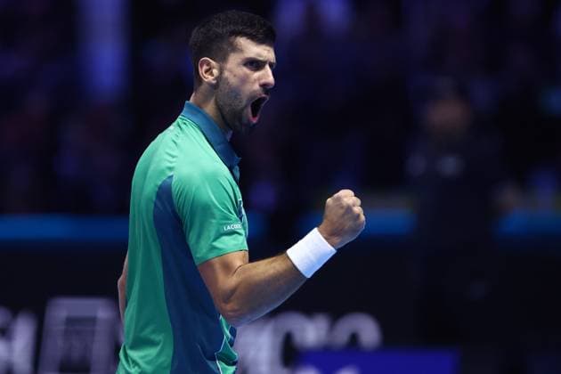 Sport Bilder des Tages Novak Djokovic vs Carlos Alcaraz Novak Djokovic of Serbia celebrates during the semi-final singles match between Novak Djokovic of Serbia and Carlos Alcaraz of Spain on Day seven of the Nitto ATP, Tennis Herren World Tour Finals. Torino Pala Alpitour Italy Copyright: xMarcoxCanonierox