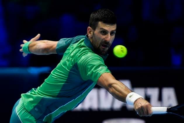 November 18, 2023: TURIN, ITALY - NOVEMBER 18: Novak Djokovic of Serbia plays a shot in their Semi Finals Men s Single s Nitto ATP, Tennis Herren match during day seven of the Nitto ATP Finals at Pala Alpitour on November 18, 2023 in Turin, Italy. - ZUMAg210 20231118_abp_g210_066 Copyright: xStefanoxGuidix