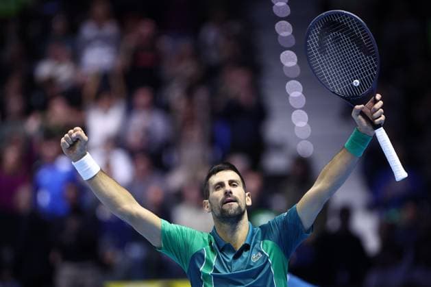 Novak Djokovic vs Carlos Alcaraz Novak Djokovic of Serbia celebrates during the semi-final singles match between Novak Djokovic of Serbia and Carlos Alcaraz of Spain on Day seven of the Nitto ATP, Tennis Herren World Tour Finals. Torino Pala Alpitour Italy Copyright: xMarcoxCanonierox
