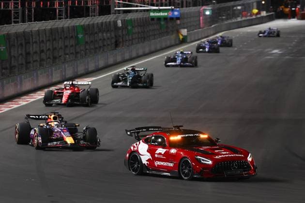 F1 Las Vegas Grand Prix 2023 Mercedes F1 Safety Car, Max Verstappen of Red Bull Racing, Charles Leclerc of Ferrari and George Russell of Mercedes during the Formula 1 Las Vegas Grand Prix at Las Vegas Strip Circuit in Las Vegas, United States on November 18, 2023. Las Vegas United States  Copyright: xJakubxPorzyckix originalFilename:porzycki-f1lasveg231118_npI6u.jpg
