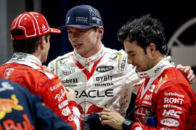 LAS VEGAS - Max Verstappen (Red Bull Racing), with Charles Leclerc (Ferrari) and Sergio Perez (Red Bull Racing) after winning the Las Vegas Formula 1 Grand Prix at the Las Vegas Strip Circuit in Nevada. ANP SEM VAN DER WAL F1 Grand Prix of Las Vegas 2022 23 xVIxANPxSportx xxANPxIVx 484233768 originalFilename: 484233768.jpg