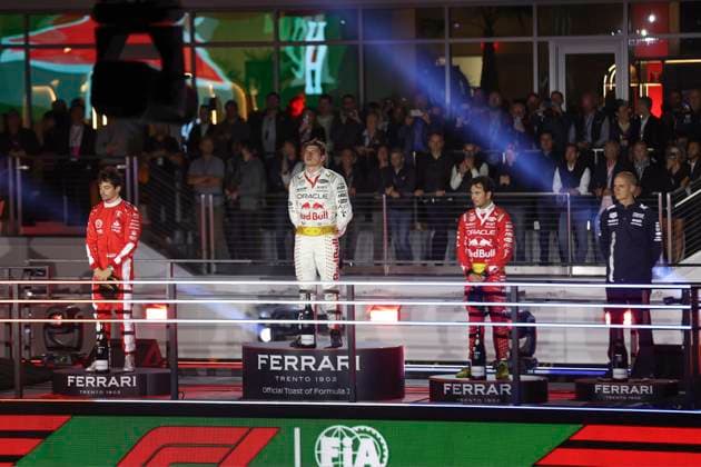 VERSTAPPEN Max (ned), Red Bull Racing RB19, portrait LECLERC Charles (mco), Scuderia Ferrari SF-23, portrait PEREZ Sergio (mex), Red Bull Racing RB19, portraitpodium during the 2023 Formula 1 Heineken Silver Las Vegas Grand Prix, 21th round of the 2023 Formula One World Championship, WM, Weltmeisterschaft from November 17 to 19, 2023 on the Las Vegas Strip Circuit, in Las Vegas, USA - F1 - LAS VEGAS GRAND PRIX 2023 - RACE DPPI Panoramic  WhatsApp Image 2023-11-19 at 09.04.46