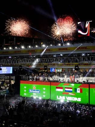 LAS VEGAS - Charles Leclerc (Ferrari), Max Verstappen (Red Bull Racing) and Sergio Perez (Red Bull Racing) on the podium after the Las Vegas Formula 1 Grand Prix at the Las Vegas Strip Circuit in Nevada. ANP SEM VAN DER WAL F1 Grand Prix of Las Vegas 2022 23 xVIxANPxSportx xxANPxIVx 484234742 originalFilename: 484234742.jpg