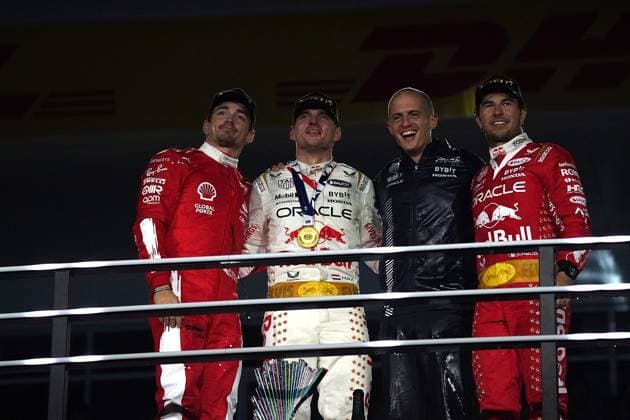 19 11 2023, Las Vegas Street Circuit, Las Vegas, FORMULA 1 HEINEKEN SILVER LAS VEGAS GRAND PRIX 2023 ,in the picture winner Max Verstappen NLD , Oracle Red Bull Racing, 2nd place for Charles Leclerc MCO , Scuderia Ferrari, 3rd place for Sergio Perez MEX , Oracle Red Bull Racing Las Vegas Las Vegas Street Circuit United States  eu-images-506