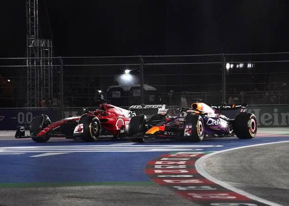 18 11 2023, Las Vegas Street Circuit, Las Vegas, FORMULA 1 HEINEKEN SILVER LAS VEGAS GRAND PRIX 2023 ,in the picture Max Verstappen NLD , Oracle Red Bull Racing, Charles Leclerc MCO , Scuderia Ferrari Las Vegas Las Vegas Street Circuit United States  eu-images-506