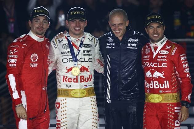 F1 Las Vegas Grand Prix 2023 Charles Leclerc of Ferrari, Max Verstappen and Sergio Perez of Red Bull Racing at podium of the Formula 1 Las Vegas Grand Prix at Las Vegas Strip Circuit in Las Vegas, United States on November 18, 2023. Las Vegas United States  Copyright: xJakubxPorzyckix originalFilename:porzycki-f1lasveg231118_npwjE.jpg