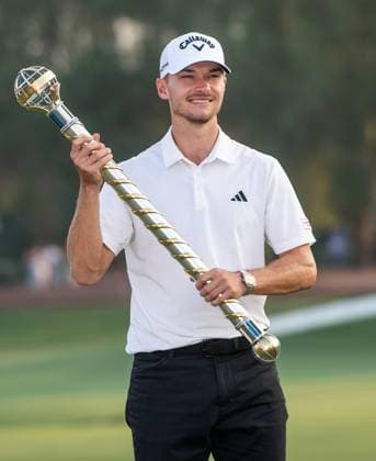 NICOLAI HoJGAARD of Denmark holds the trophy after winning DP World Tour Championship in Dubai, United Arab Emirates, Nov 19, 2023. Dubai United Arab Emirates  Copyright: xMARTINxDOKOUPILx 441_4516