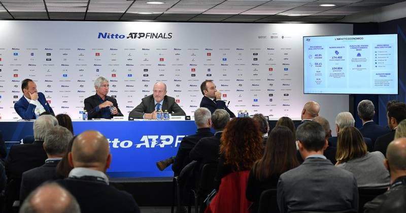 November 19, 2023, Turin: Piedmont Region Governor Alberto Cirio (L), Italian Minister Angelo Abodi, FIT president Angelo Binaghi and Turin Mayor Stefano Lo Russo during the final confrerence of the Nitto ATP, Tennis Herren Finals tennis tournament in Turin, Italy, 19 November 2023. ANSA ALESSANDRO DI MARCO Nitto ATP Finals  - ZUMAa110 20231119_zaf_a110_029 Copyright: xAlessandroxDixMarcox