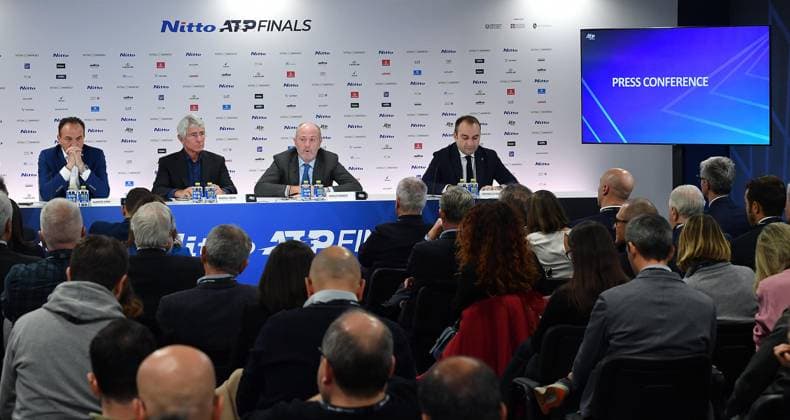 November 19, 2023, Turin: Piedmont Region Governor Alberto Cirio (L), Italian Minister Angelo Abodi, FIT president Angelo Binaghi and Turin Mayor Stefano Lo Russo during the final confrerence of the Nitto ATP, Tennis Herren Finals tennis tournament in Turin, Italy, 19 November 2023. ANSA ALESSANDRO DI MARCO Nitto ATP Finals  - ZUMAa110 20231119_zaf_a110_031 Copyright: xAlessandroxDixMarcox
