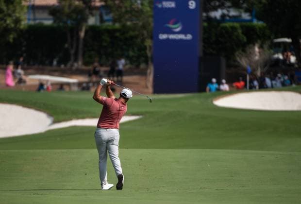 JON RAHM of Spain strikes the ball on the ninth fairway during DP World Tour Championship in Dubai, United Arab Emirates, Nov 19, 2023. Dubai United Arab Emirates  Copyright: xMARTINxDOKOUPILx 443_1761