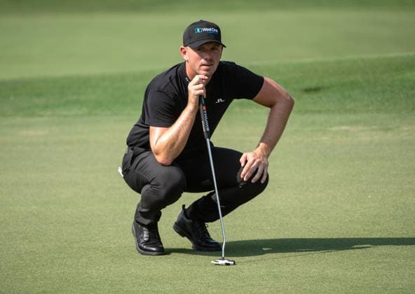 MATT WALLACE of England checks the fifth green during DP World Tour Championship in Dubai, United Arab Emirates, Nov 19, 2023. Dubai United Arab Emirates  Copyright: xMARTINxDOKOUPILx 443_1724